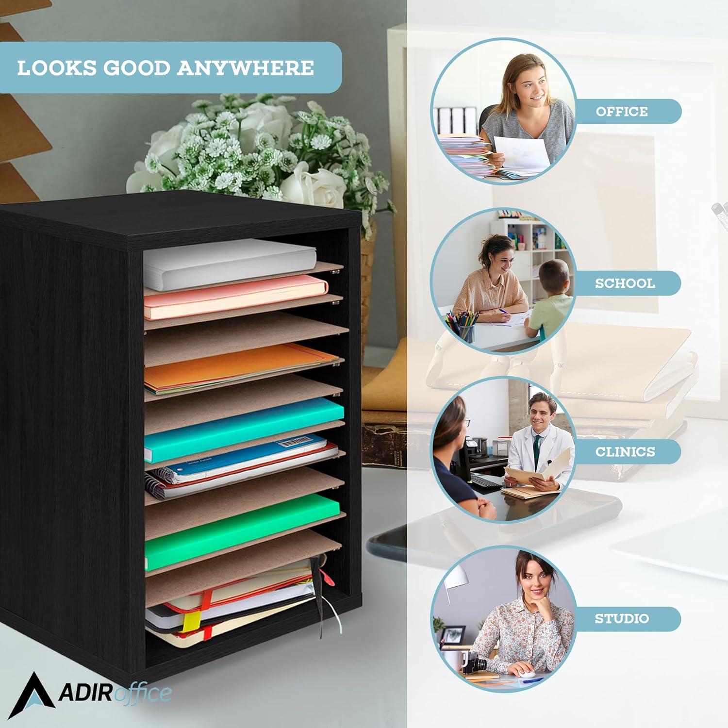 AdirOffice 500 Series 11 Compartment Wooden Literature Organizer  10.75" x 11.8" Black (500-11-BLK)