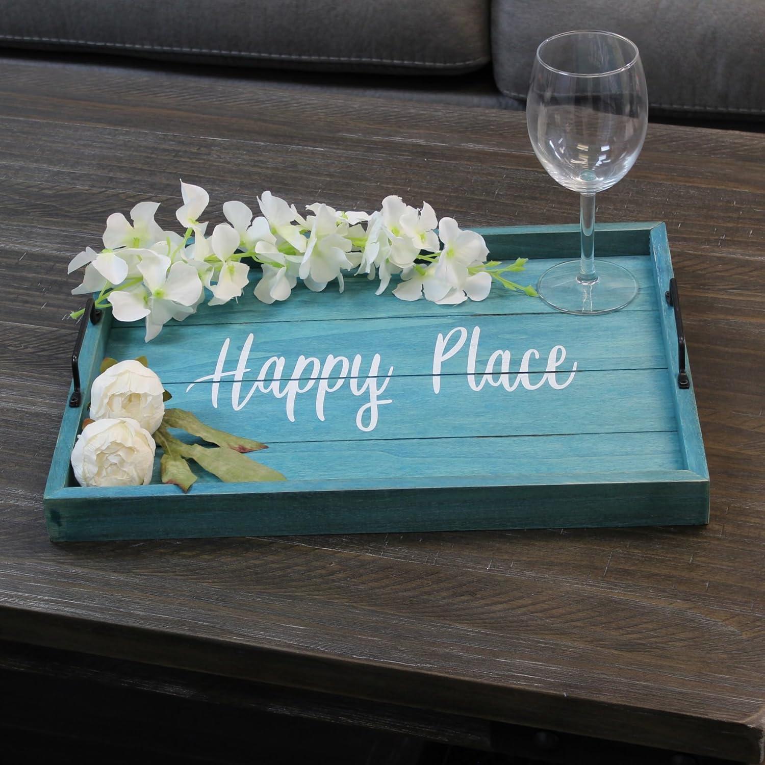 Elegant Designs 15.5" x 12" Decorative Wood Serving Tray, "Happy Place", Blue Wash