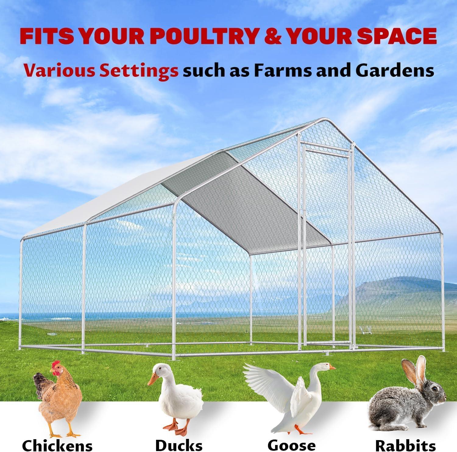 Outdoor Metal Chicken Coop Large Walk-in Poultry Cage Spire-Shaped Chicken Run with Waterproof and Anti-Ultraviolet Cover for Outside,Backyard and Farm ,13' L x 9.8' W x 6.4' H