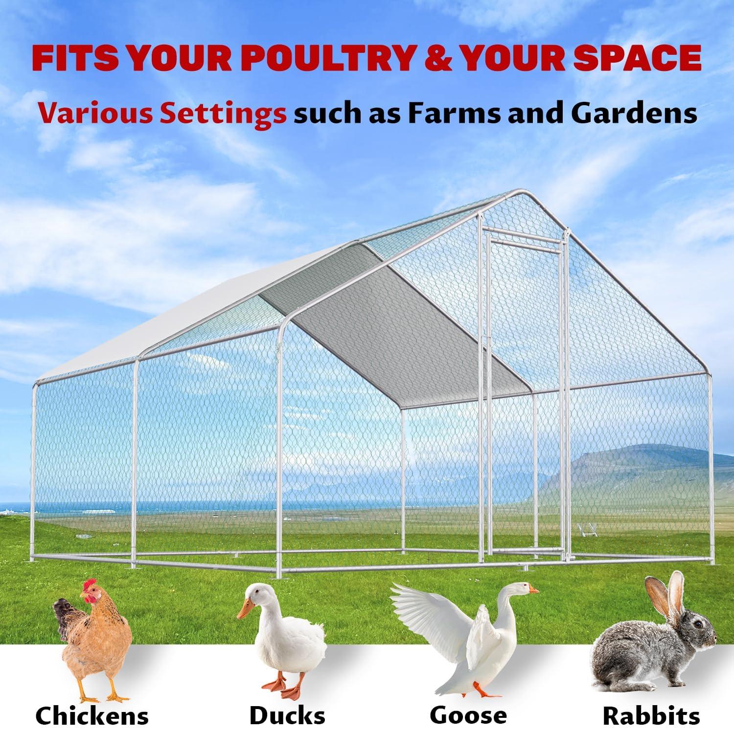 Outdoor Metal Chicken Coop Large Walk-in Poultry Cage Spire-Shaped Chicken Run with Waterproof and Anti-Ultraviolet Cover for Outside,Backyard and Farm ,13' L x 9.8' W x 6.4' H