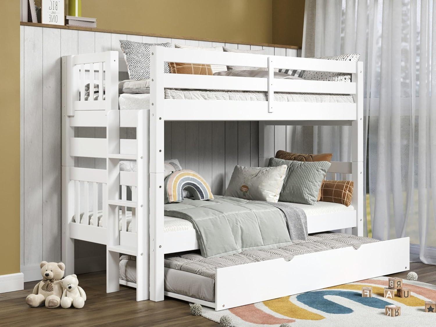 Bedz King Bunk Beds Twin over Twin Mission Style with End Ladder and a Twin Trundle, White