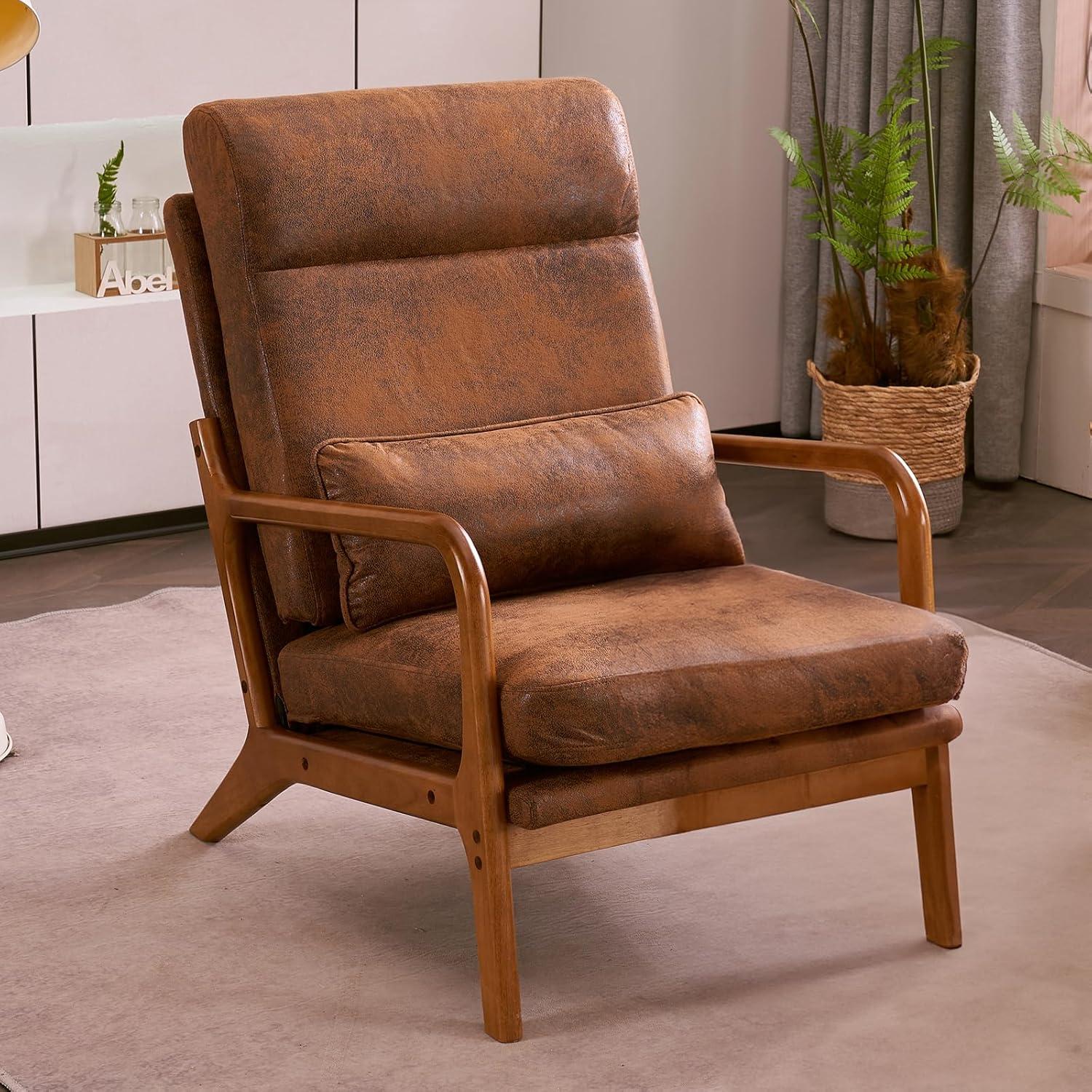 Mid-Century Modern High Back Brown Wood Accent Chair