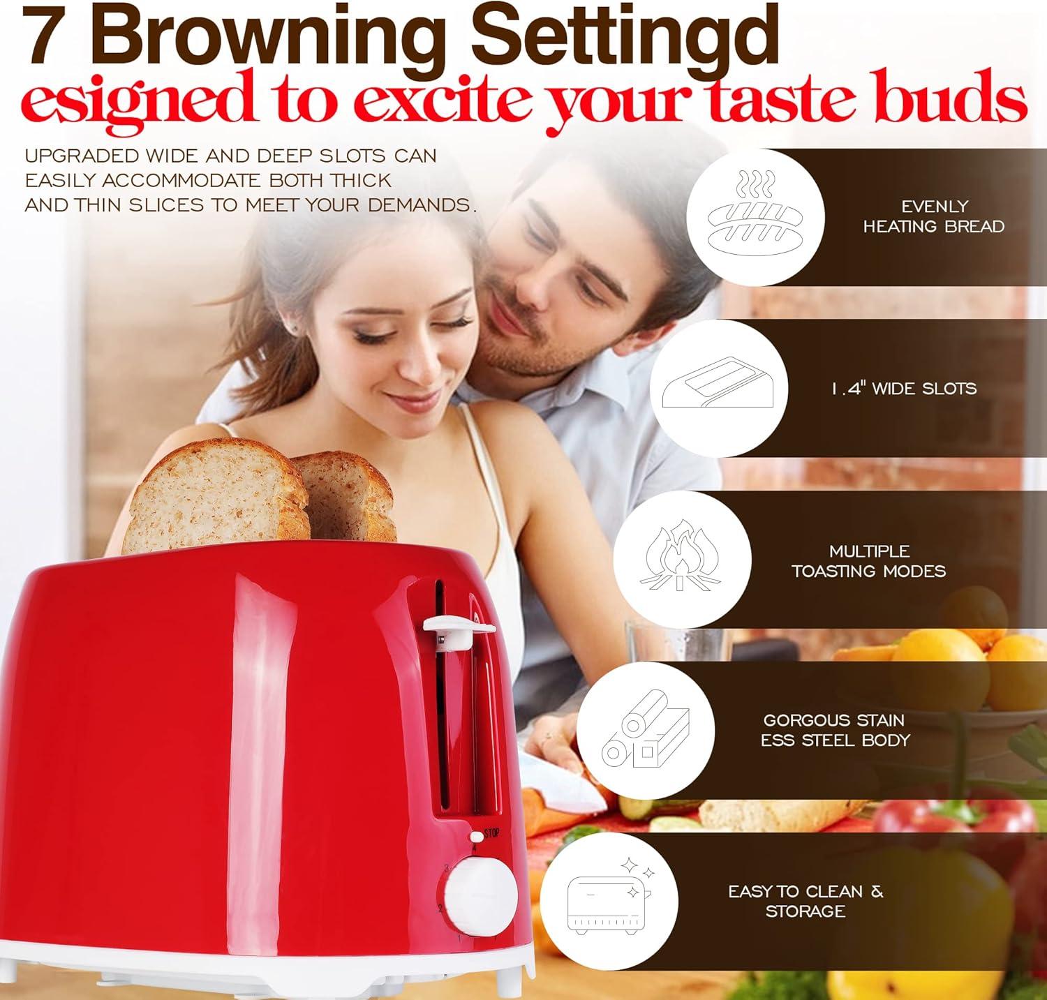 NBTX Toasters 2 Slice Wide Slot With 7-Shade Toast Settings, Slide-Out Crumb Tray, Auto-Shutoff, Faster Heating Speed, Toast Lift Perfect for Toasting Bread Bagels Waffles and Puff Pastry, Red