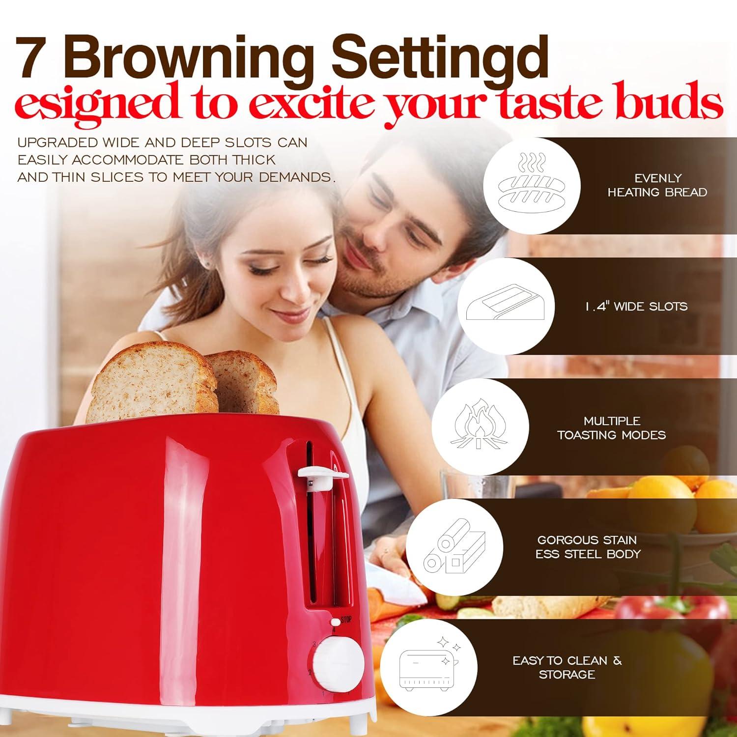 NBTX Toasters 2 Slice Wide Slot With 7-Shade Toast Settings, Slide-Out Crumb Tray, Auto-Shutoff, Faster Heating Speed, Toast Lift Perfect for Toasting Bread Bagels Waffles and Puff Pastry, Red