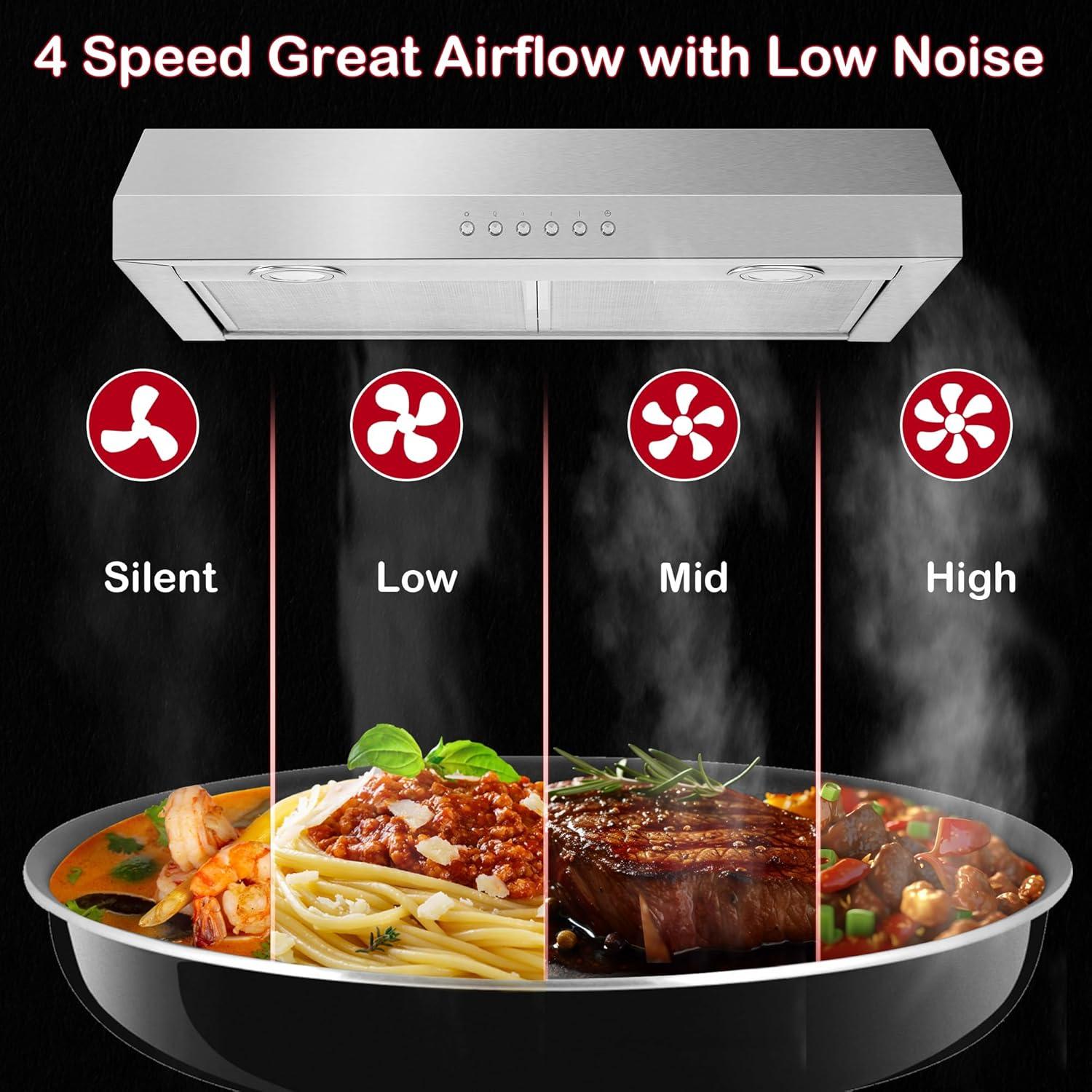 ONEEON 24 inch Under Cabinet Range Hood, Slim Kitchen Hood with 4 Speed Exhaust Fan, 2 Washable Reusable Filters, LED Lights, Stainless Steel