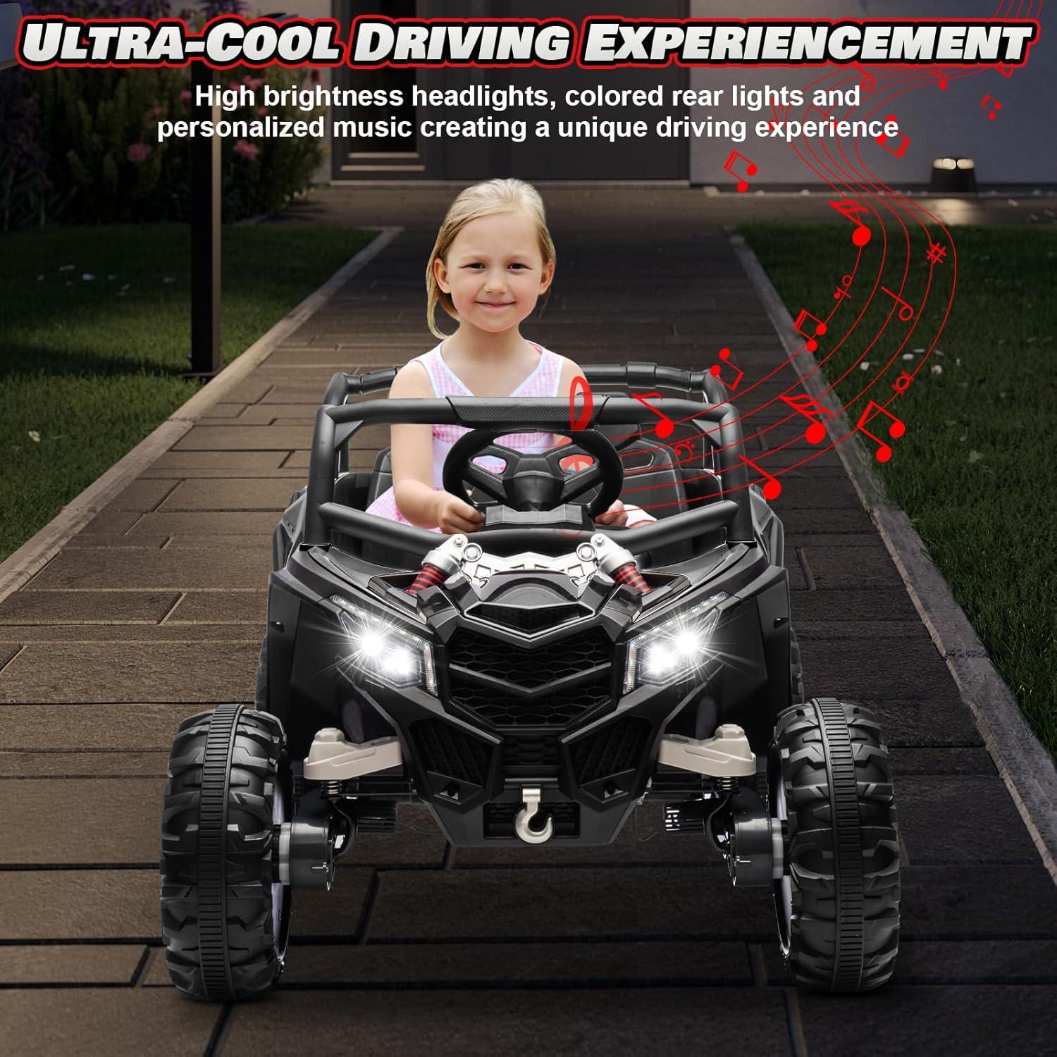 Black 24V Kids Electric UTV Ride-On Car with LED Lights and Remote Control