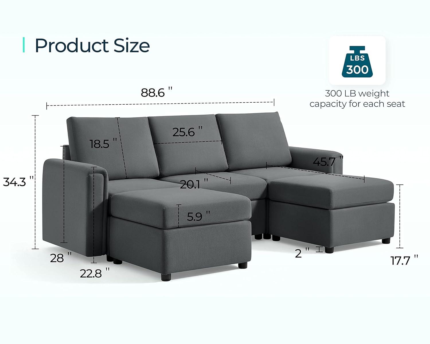 LINSY HOME Modular Couches and Sofas Sectional with Storage, 5 Seat Sectional Sofa for Living Room, U Shaped Sectional Couch with Reversible Chaises, Dark Gray