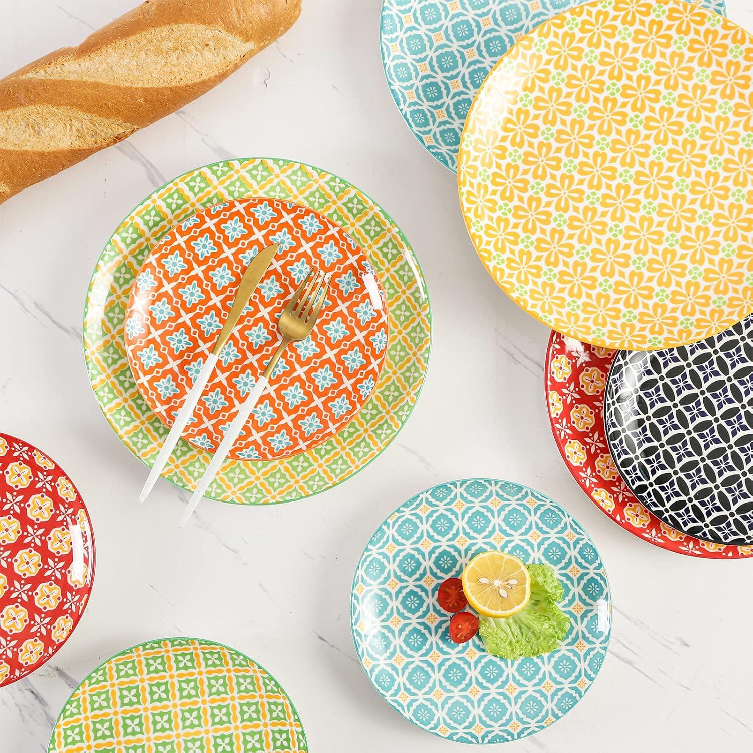 AHX Multicolor Round Plate Set 8 inch - Salad Plates - Dessert Appetizer Plates - Porcelain Lunch Plates - Set of 6