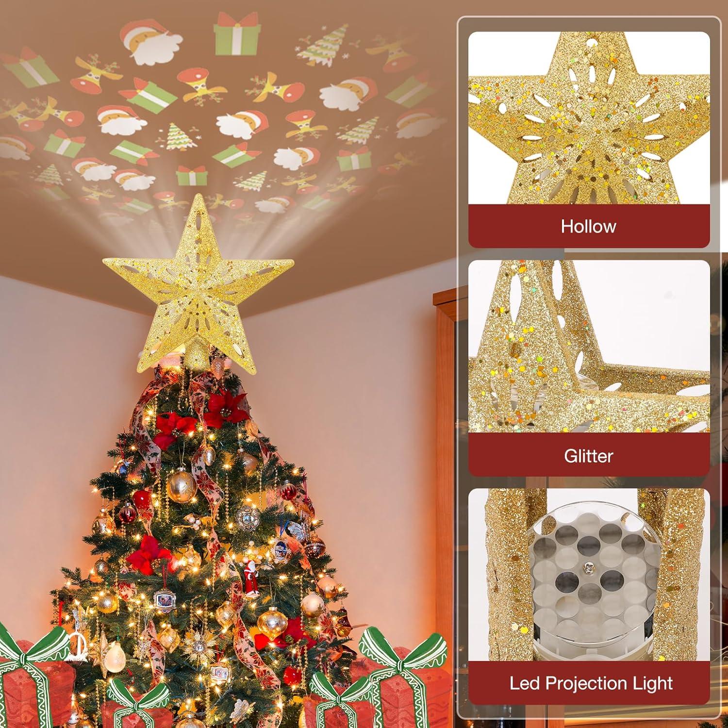 HOUFIY Christmas Tree Topper Lighted with 6 Projection Modes Star Tree Topper Built-in LED Rotating 3D Lighted Glitter Star Decorations Projector Tree Topper for Christmas Tree