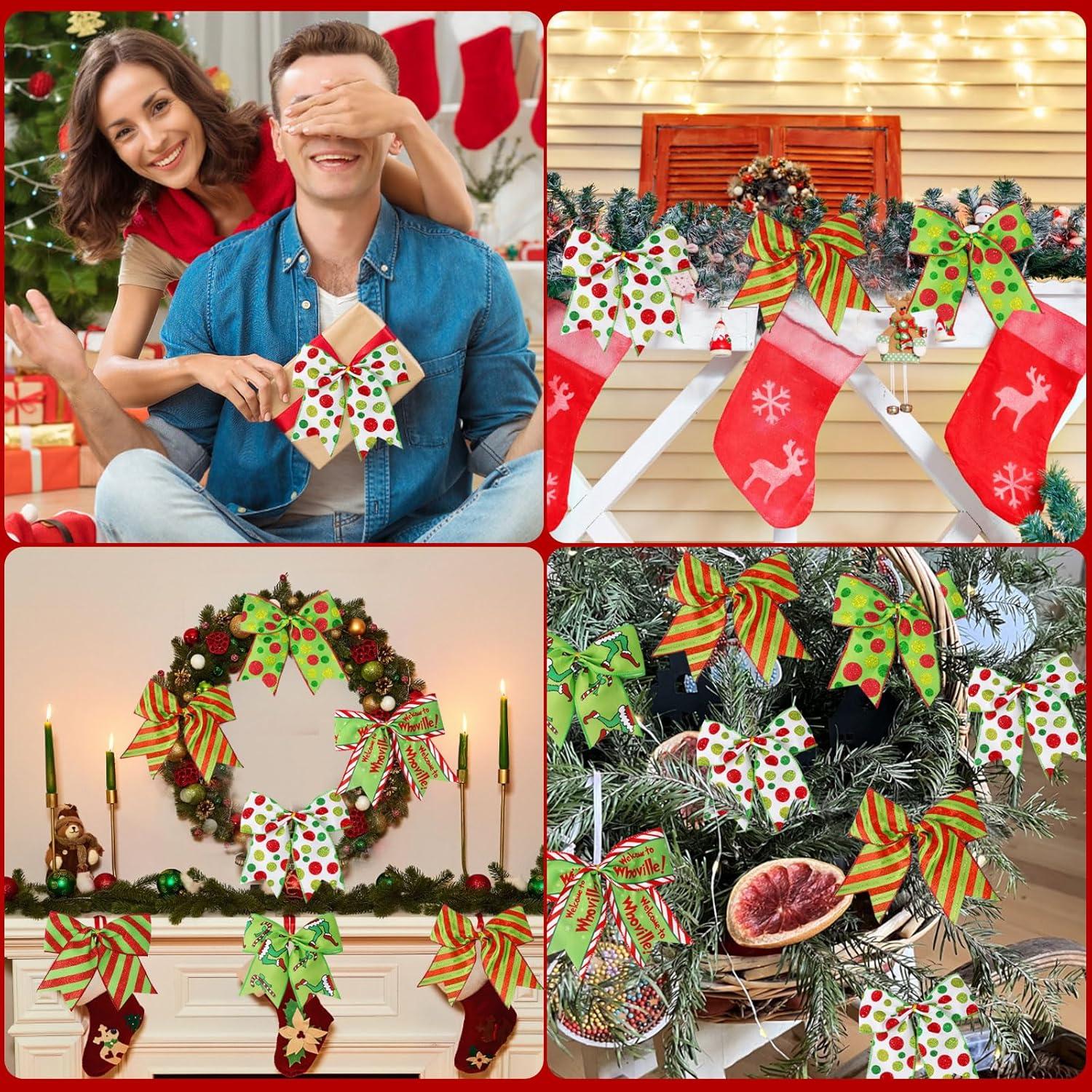 Sandistore Cute Cars 12pcs Christmas Tree Bows Ornaments 6 Inch Large Christmas Wreath Bows Red Green Xmas Tree Bows Christmas Glitter Dot Bows Ribbons Decoration For Garland Diamonds for Crafts