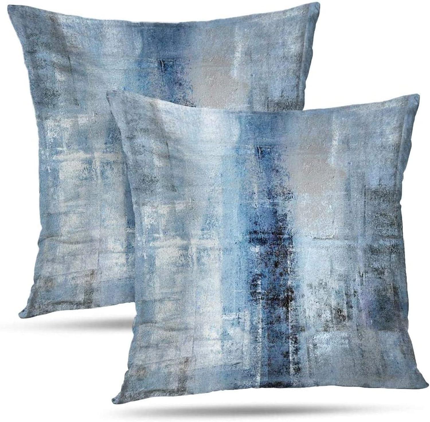 Grey and Blue Abstract Art Pillow Cover, Modern Contemporary Decorative Throw Pillows Cushion Cover for Bedroom Sofa Living Room 18X18 Inch