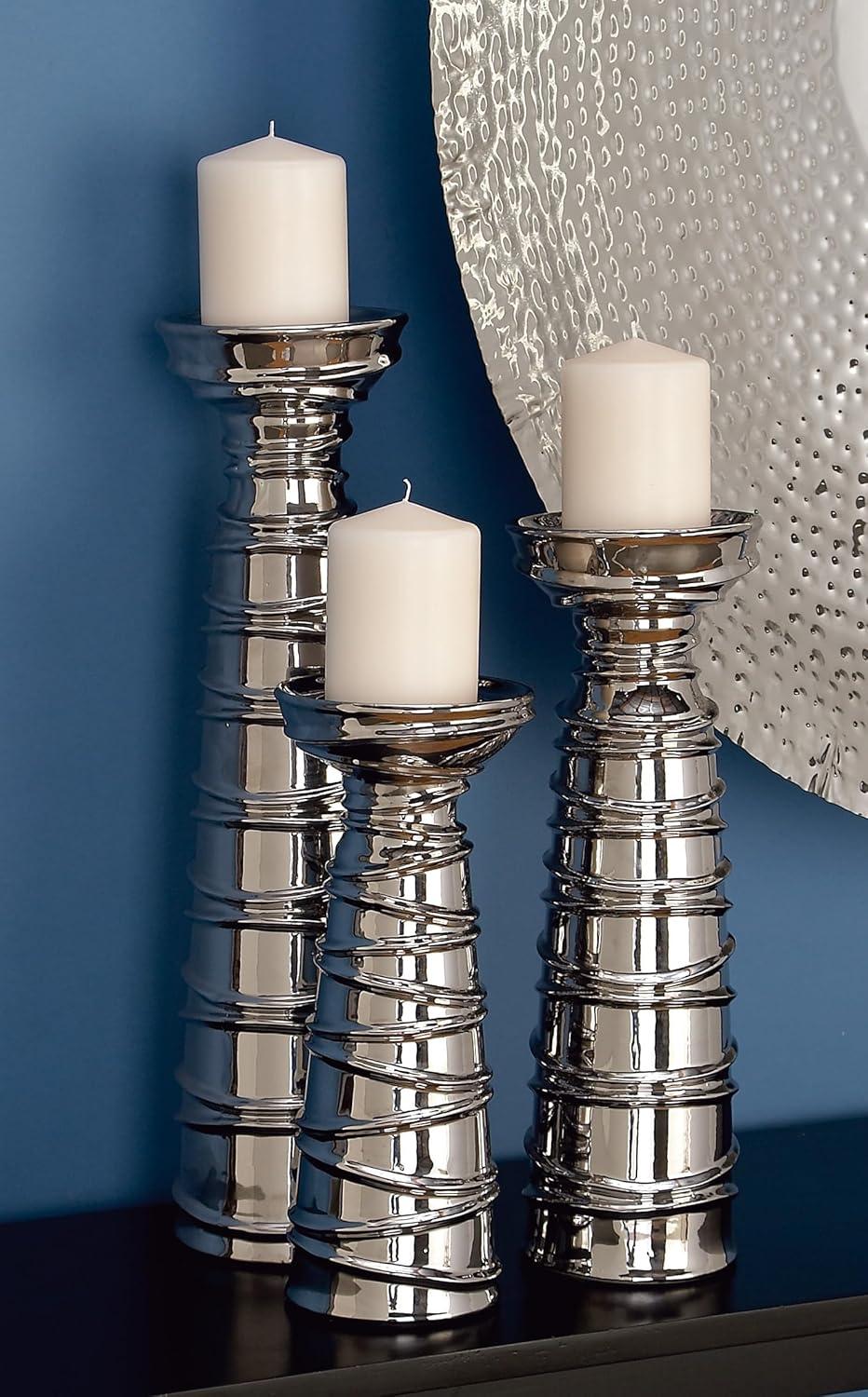 Mercer41 Ceramic Abstract Wrapped Decorative Silver Candle Holder Set
