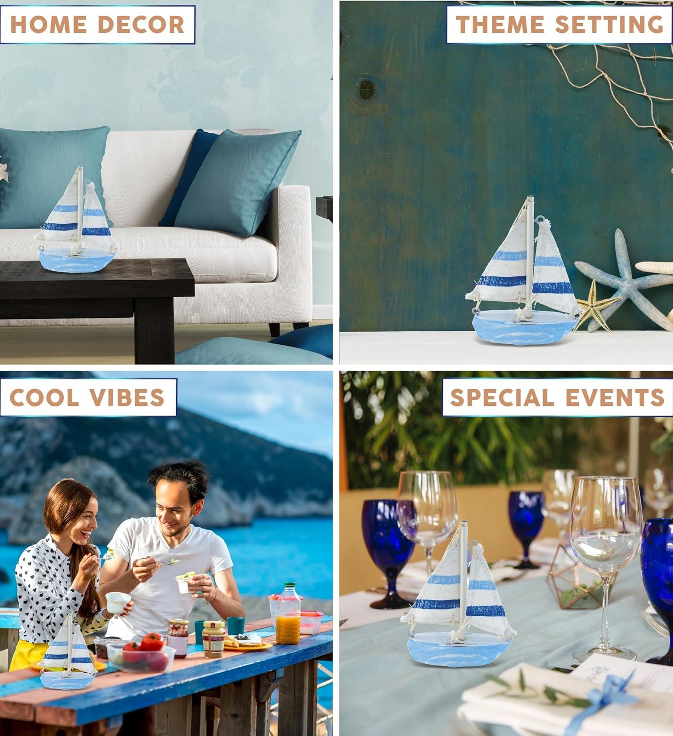 COTA Global Light Blue Stripes Sailboat Extra Small Decor – Handmade Wooden Boat Decor, Cute Beach Style Sail Boat Table Top Decor Living Room Centerpiece – 4.75 Inches