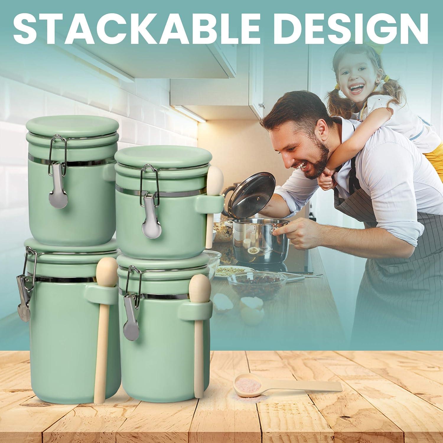 Home Intuition Home Intuition Ceramic Kitchen Canisters Set of 4 with Wooden Spoons Reusable Chalk Labels, Coffee, Tea (Turquoise)