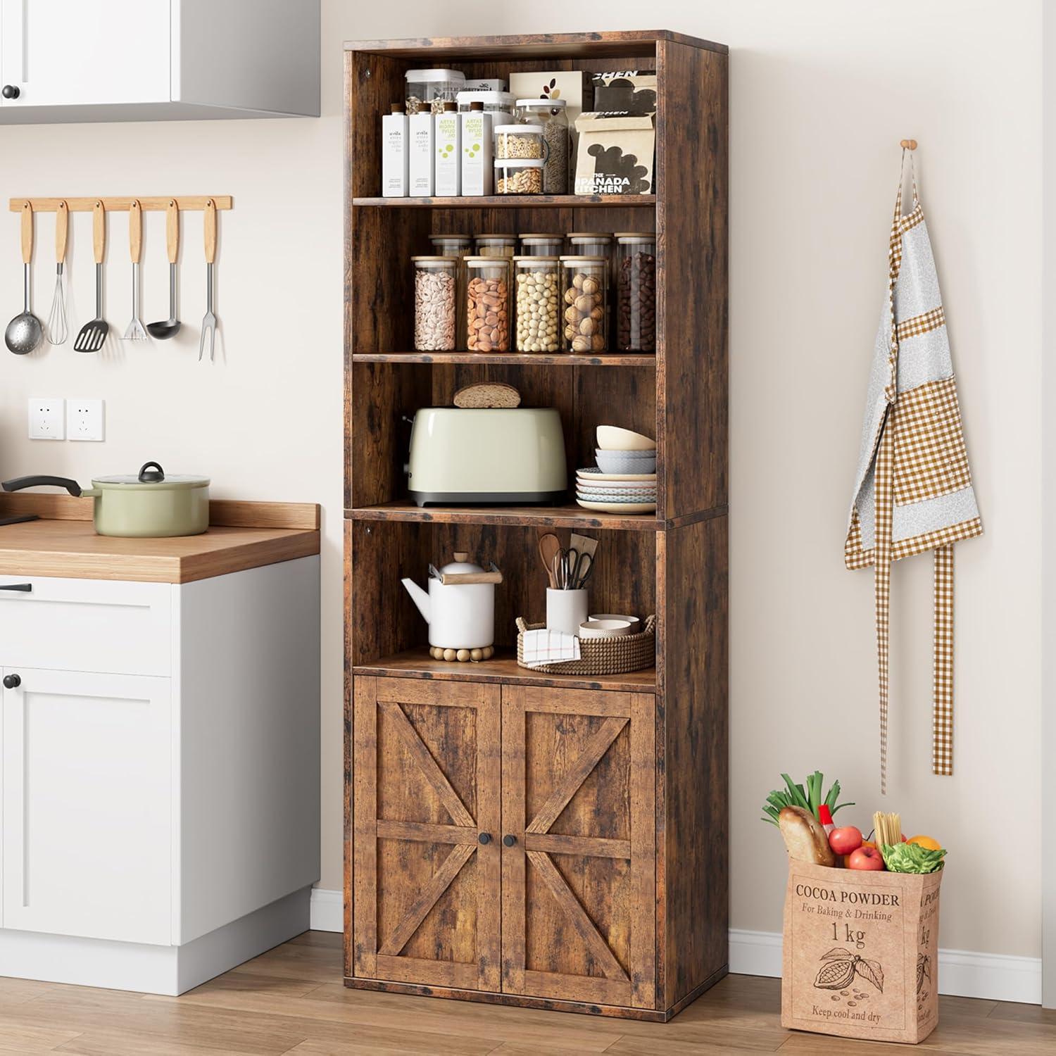 Rustic Brown Wood Farmhouse Bookcase with Doors