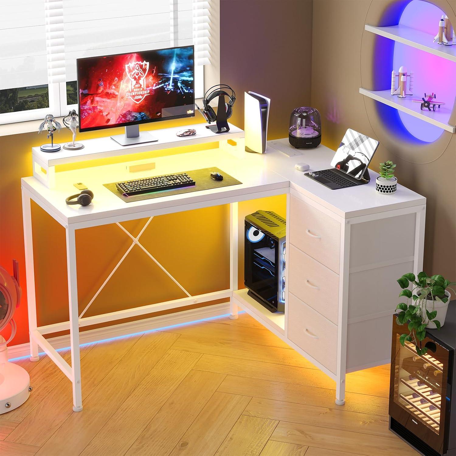 Danolapsi L Shaped Desk with Drawers & Shelves,L Shaped Computer Desk with Power Outlets & LED Lights,Corner Desk Gaming Desk Home Office Corner Desk,Easy to Assemble