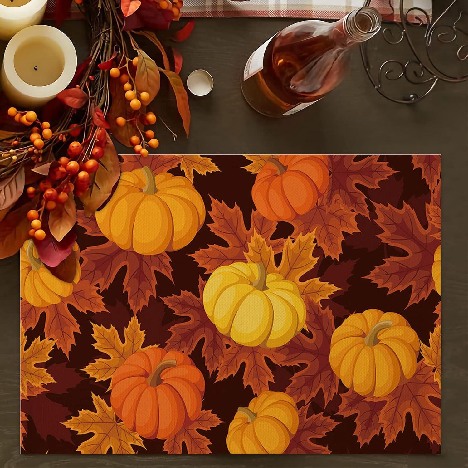 Thanksgiving Placemats Set of 6,Cotton Linen Heat Resistant Table Mats Washable Farmhouse Harvest Pumpkin Maple Leaves It''s Fall Y''all Placemat for Holiday Banquet Party Dining Kitchen Table Decor