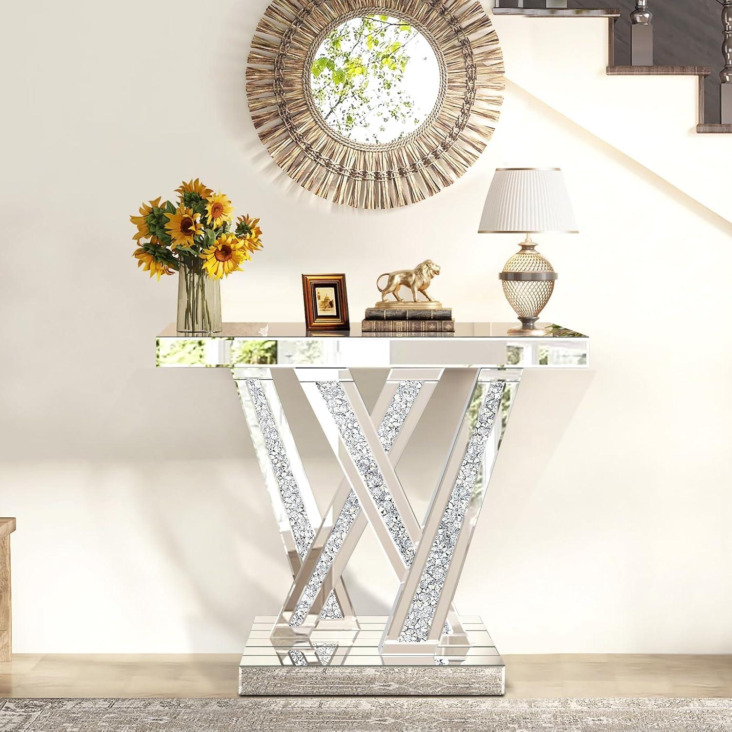 Modern Entryway Console Table With Crushed Diamond Inlay, 35" Silver Mirrored Glass Hallway Table For Entryway, Glam Decorative Sofa Tables For Living Room