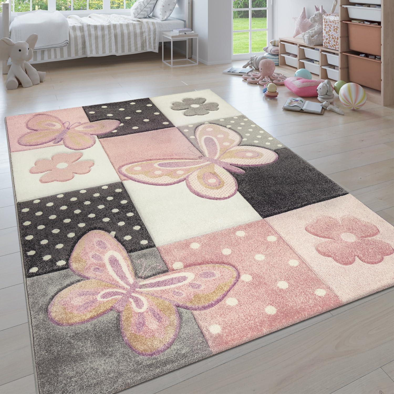 Kids Room Rug Pastel Colors Butterflies Check Pattern Spots Flowers Colourful, Size:2'8" x 4'11"
