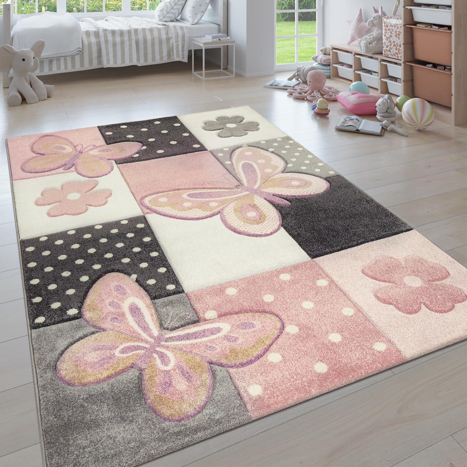 Kids Room Rug Pastel Colors Butterflies Check Pattern Spots Flowers Colourful, Size:2'8" x 4'11"