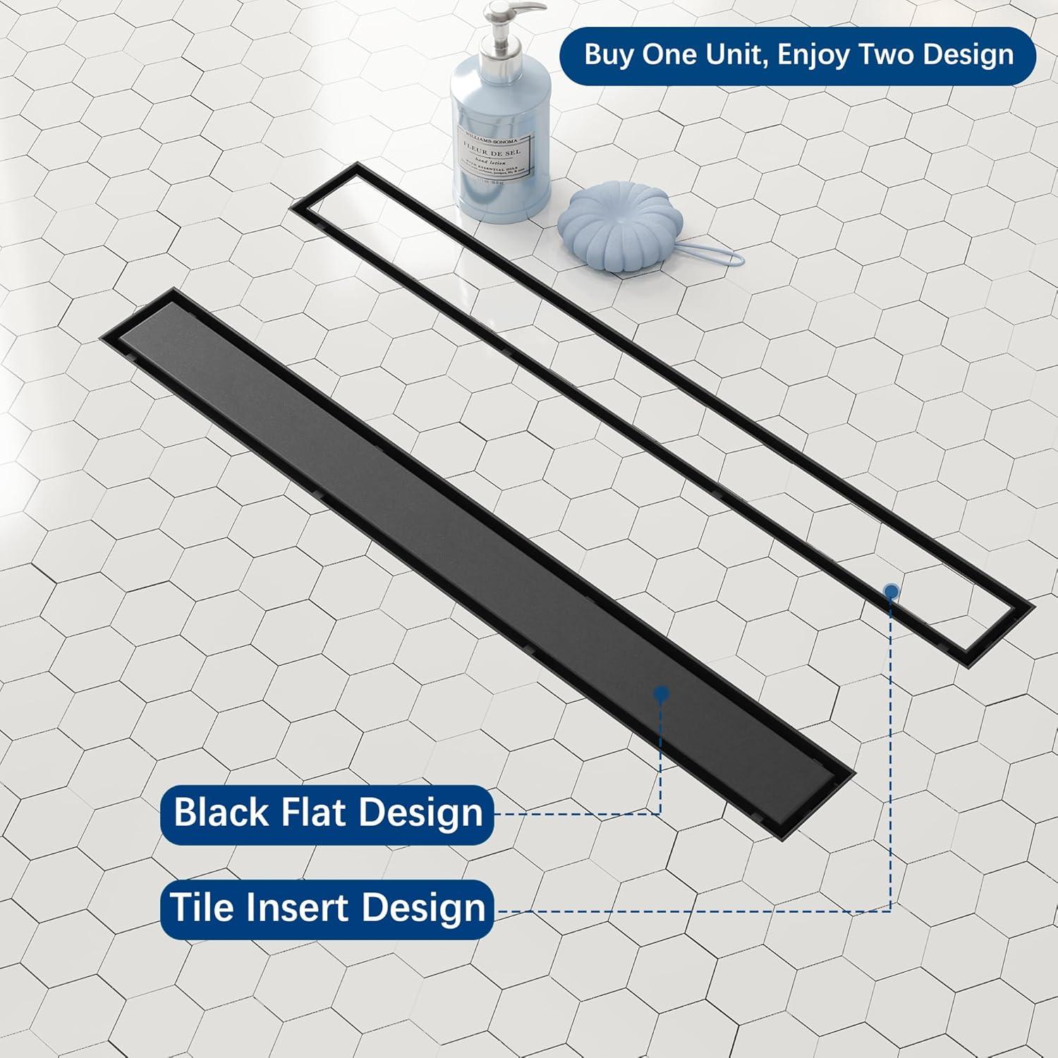 Neodrain 18-Inch Linear Shower Drain,with 2-in-1 Flat & Tile Insert Shiny Black Cover, Rectangle Shower Floor Drain, Floor Shower Drain with Adjustable Leveling Feet, Hair Strainer