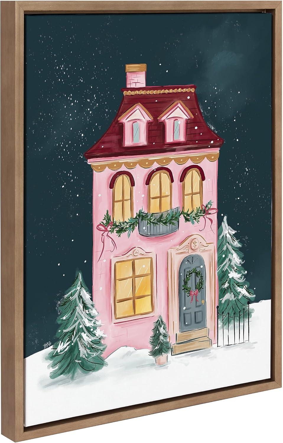 Holiday Victorian Pink House Christmas Canvas Art with Gold Frame