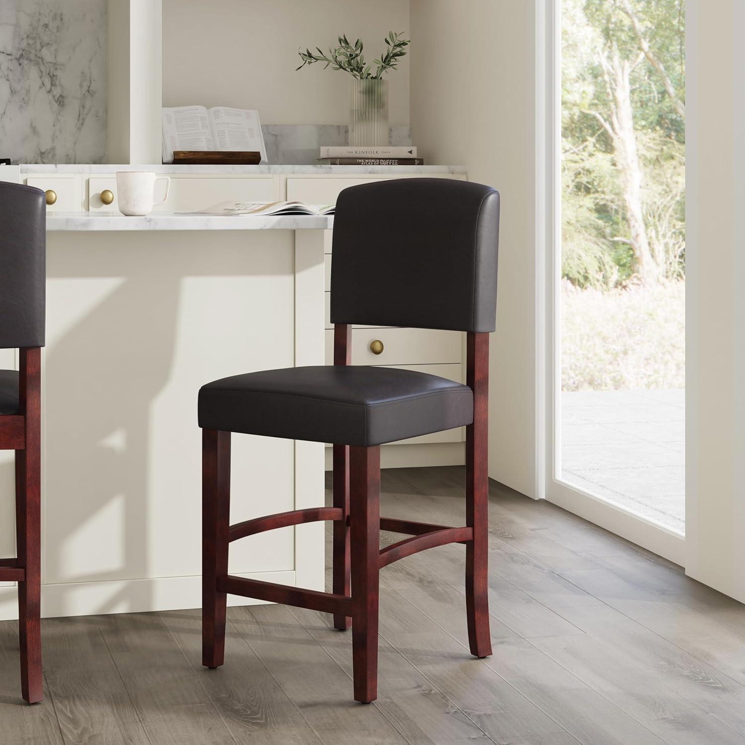 24" Monaco Padded Back Faux Leather Counter Height Barstool Hardwood/Brown - Linon: Espresso Finish, Rubberwood