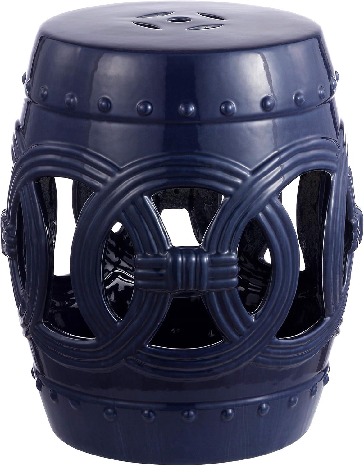 Lucky Coins 16" Eastern-Inspired Ceramic Drum Garden Stool, Navy - JONATHAN Y