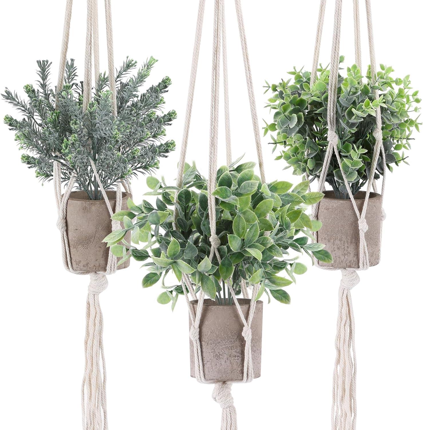Artificial Plants 3 Pack Mini Fake Hanging with Macrame Plant Hangers Decorative Faux Greenery Decor for Shelves Wall Kitchen Farmhouse Bathroom Home Office
