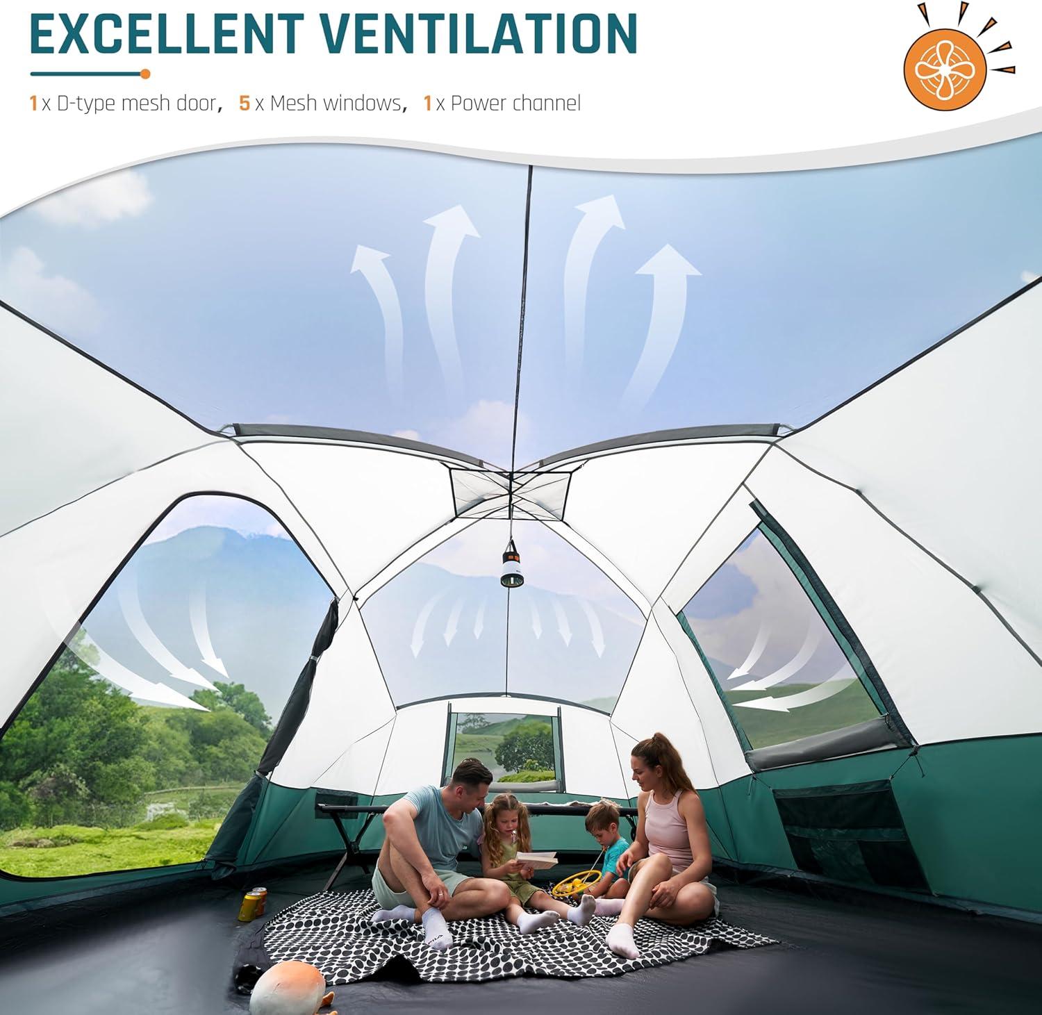 8-Person Green and White Polyester Dome Camping Tent with Vestibule