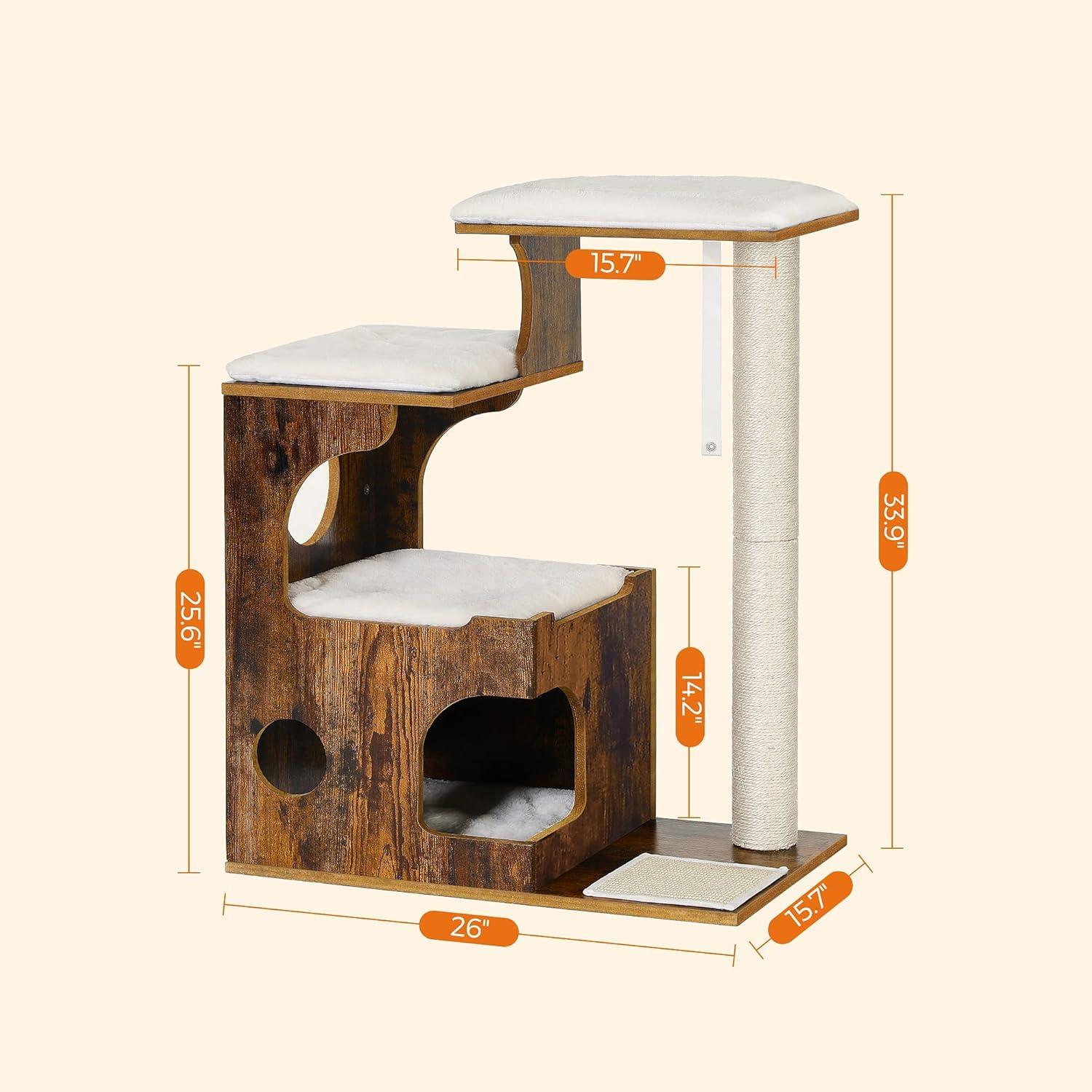 FEANDREA Vintage 3-Level 33.9" Cat Tree with Beds & Cave, Rustic Brown White