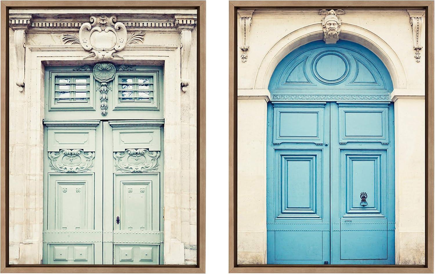 18" x 24" (Set of 2) Sylvie Classic Parisian Blue Paris Door by Caroline Mint Framed Wall Canvas Set Gold - Kate & Laurel All Things Decor