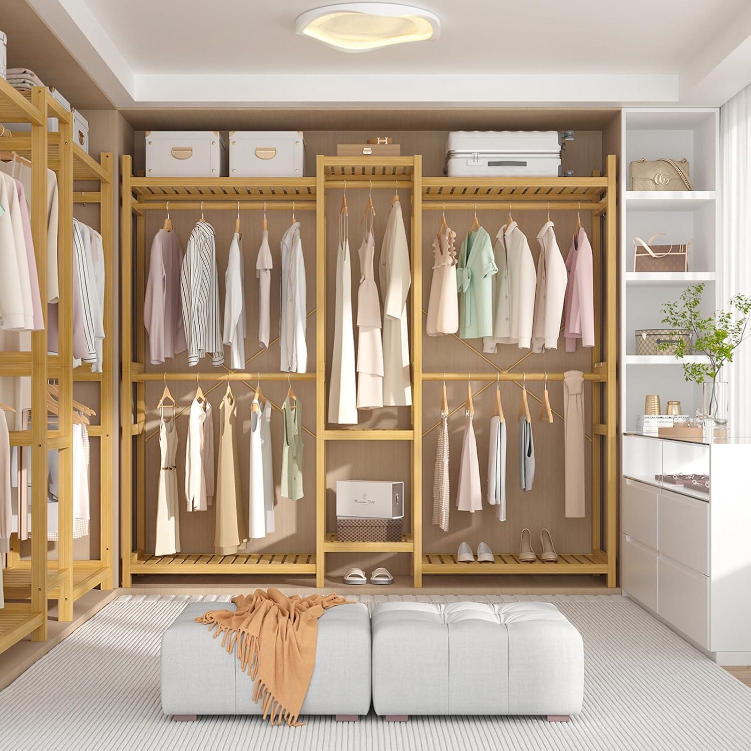 Natural Bamboo Freestanding Closet System with Shelves and Rods