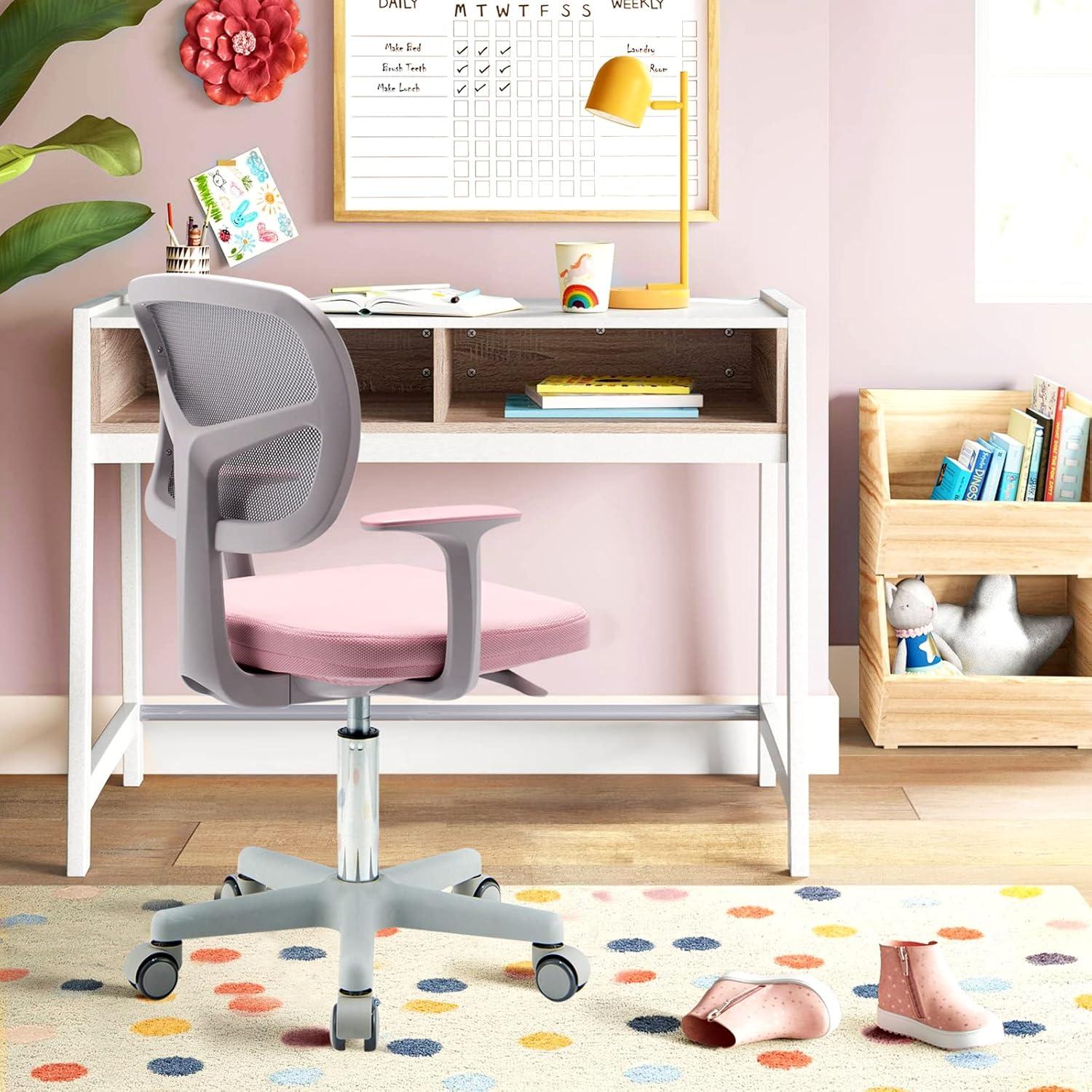 Pink Adjustable Mesh Swivel Kids Desk Chair with Armrests