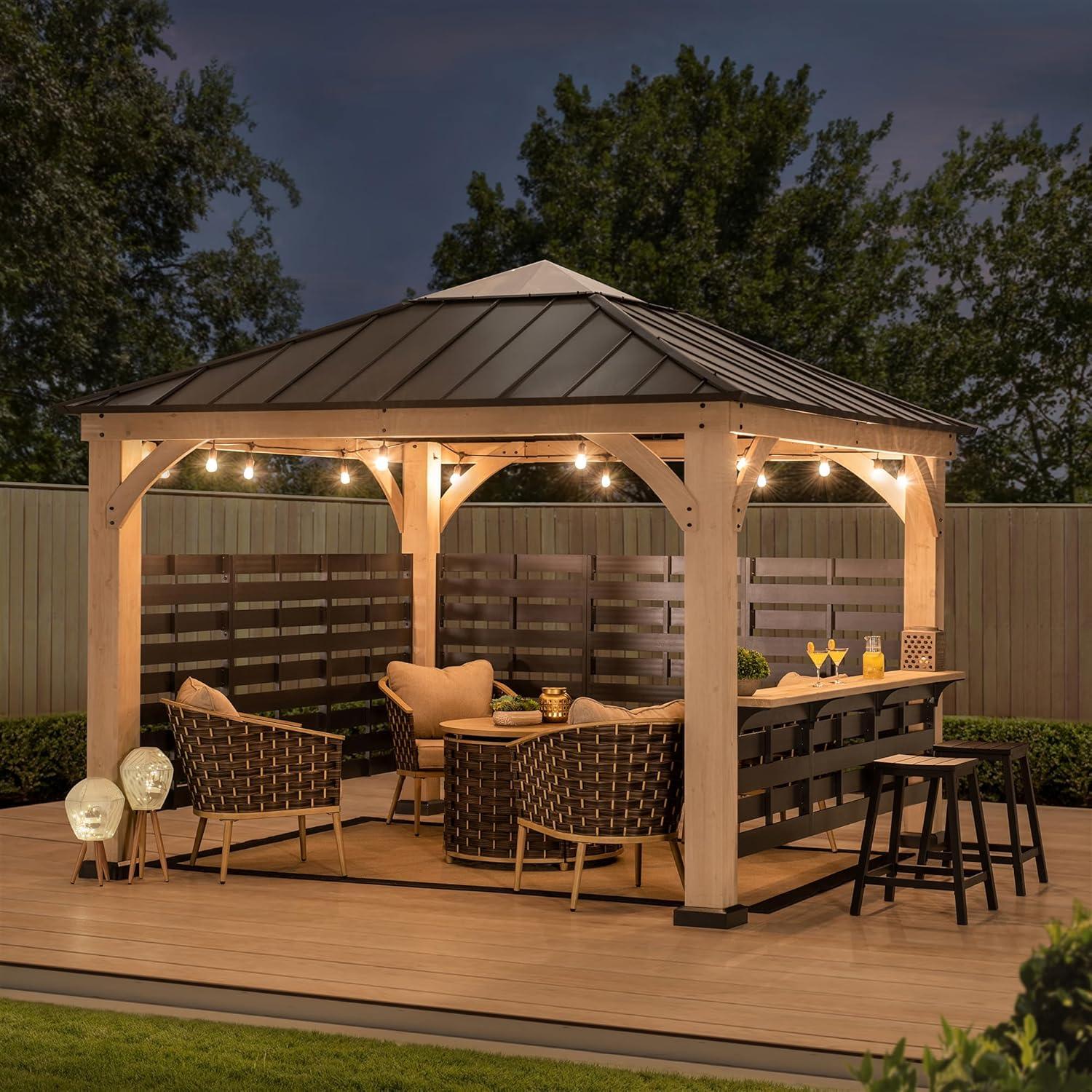 Cameron 11 ft. Cedar Wood Gazebo with Steel Roof and Bar Shelf