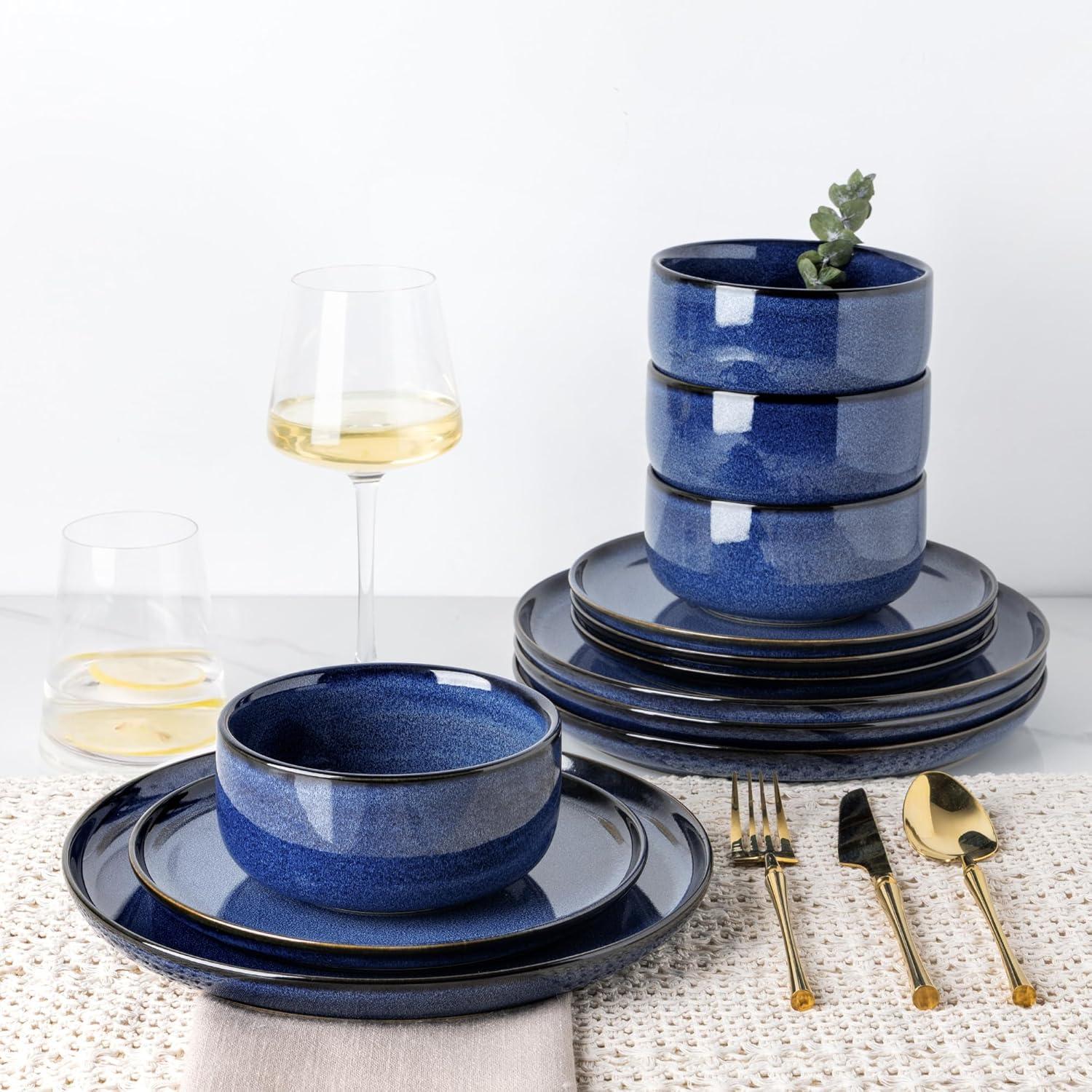 One Allium Way® 12-Piece Reactive Glaze Plate and Bowl Set, 4-Person Dinnerware Set, Scratch Resistant Dinnerware Set