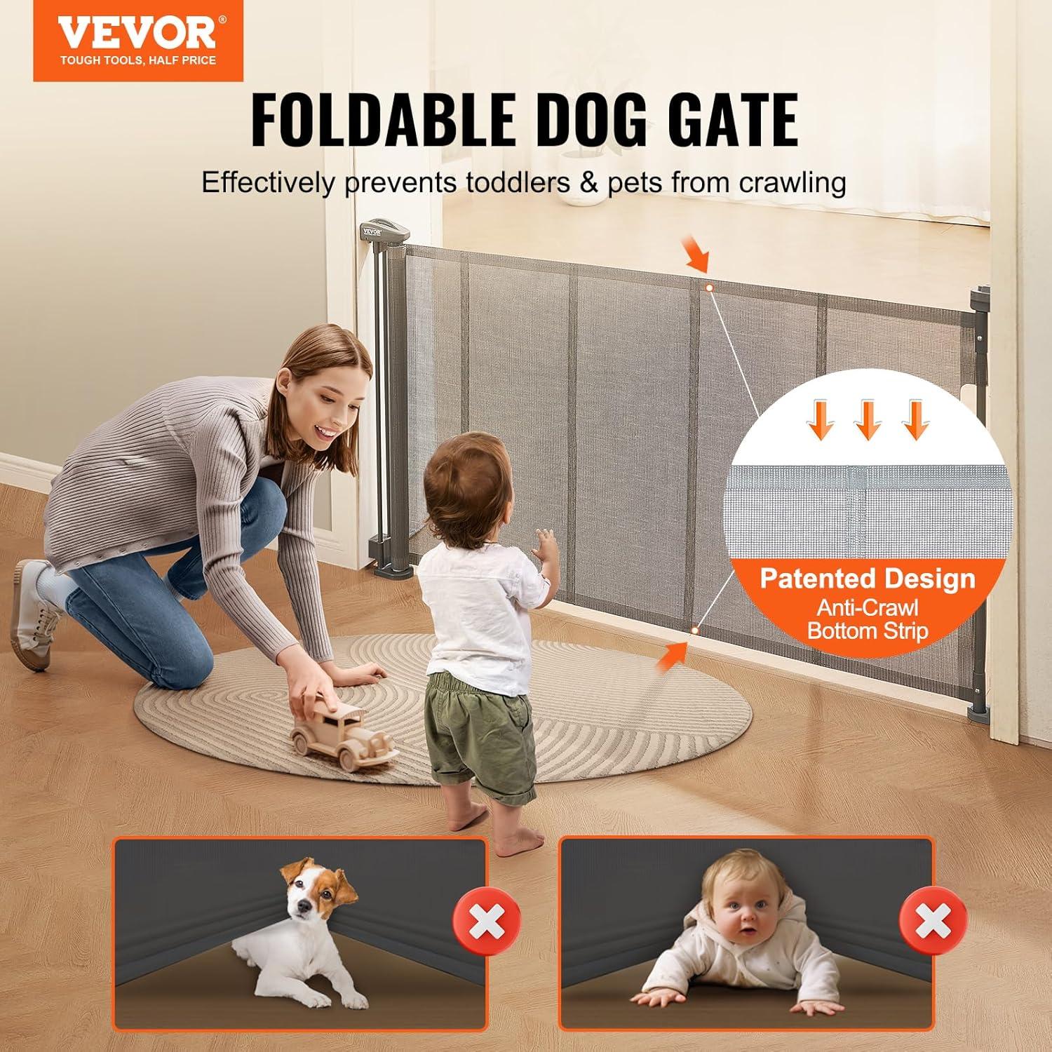 Gray Retractable Mesh Pet and Baby Gate for Stairs