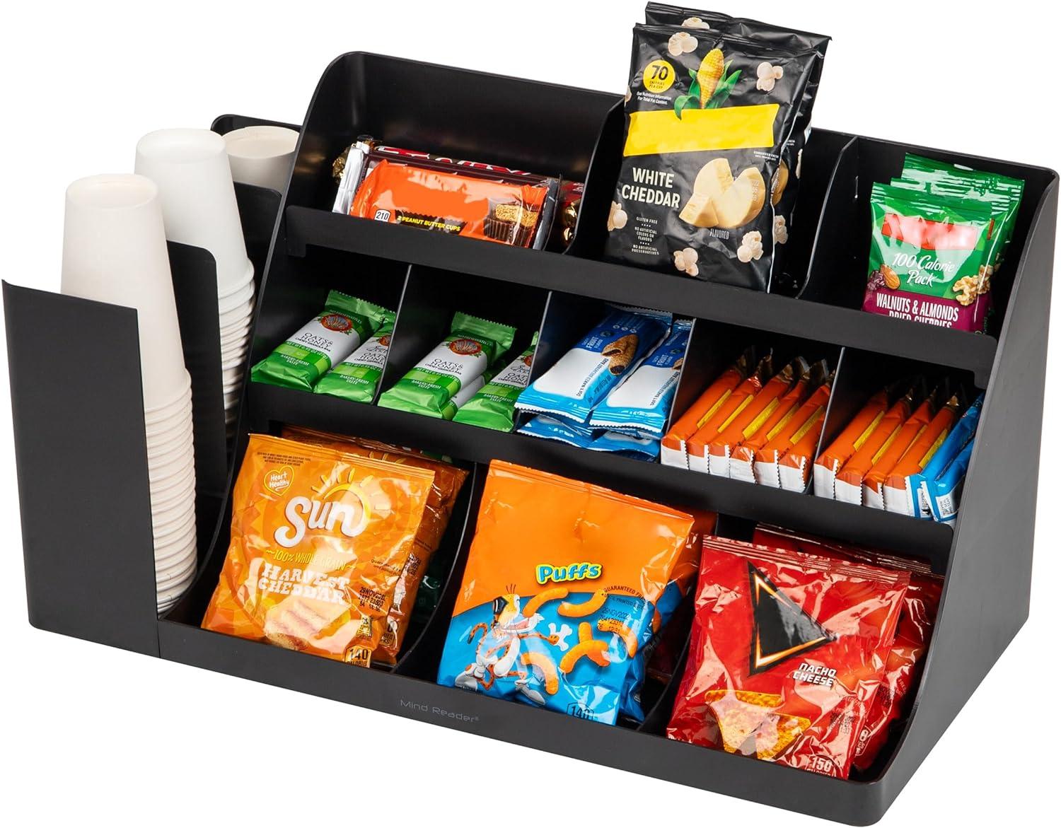 Mind Reader 14 Compartment Cup and Condiment Organizer Black: Coffee Station Caddy & Accessories Holder