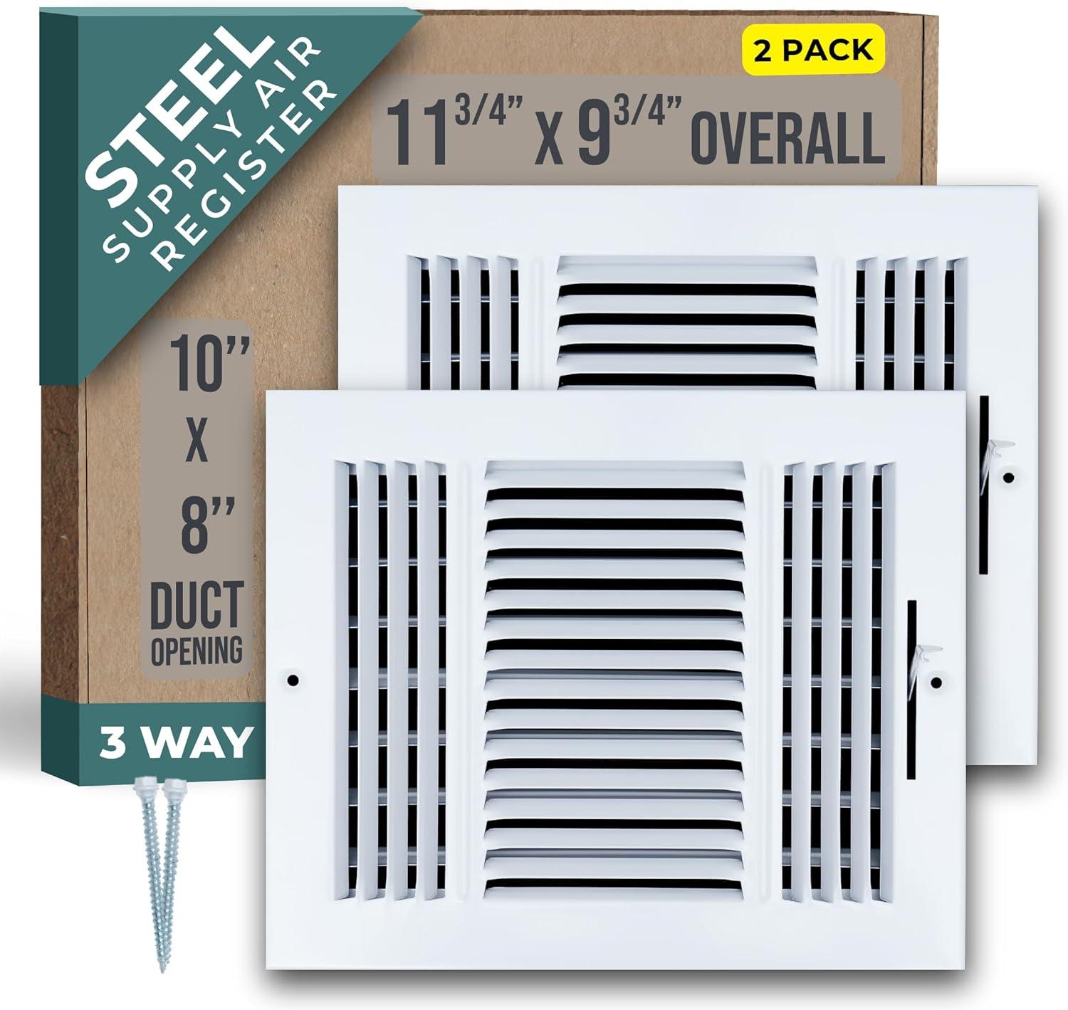 White 3-Way Steel Air Supply Register Vent Cover 10x8 Duct Opening, 2 Pack