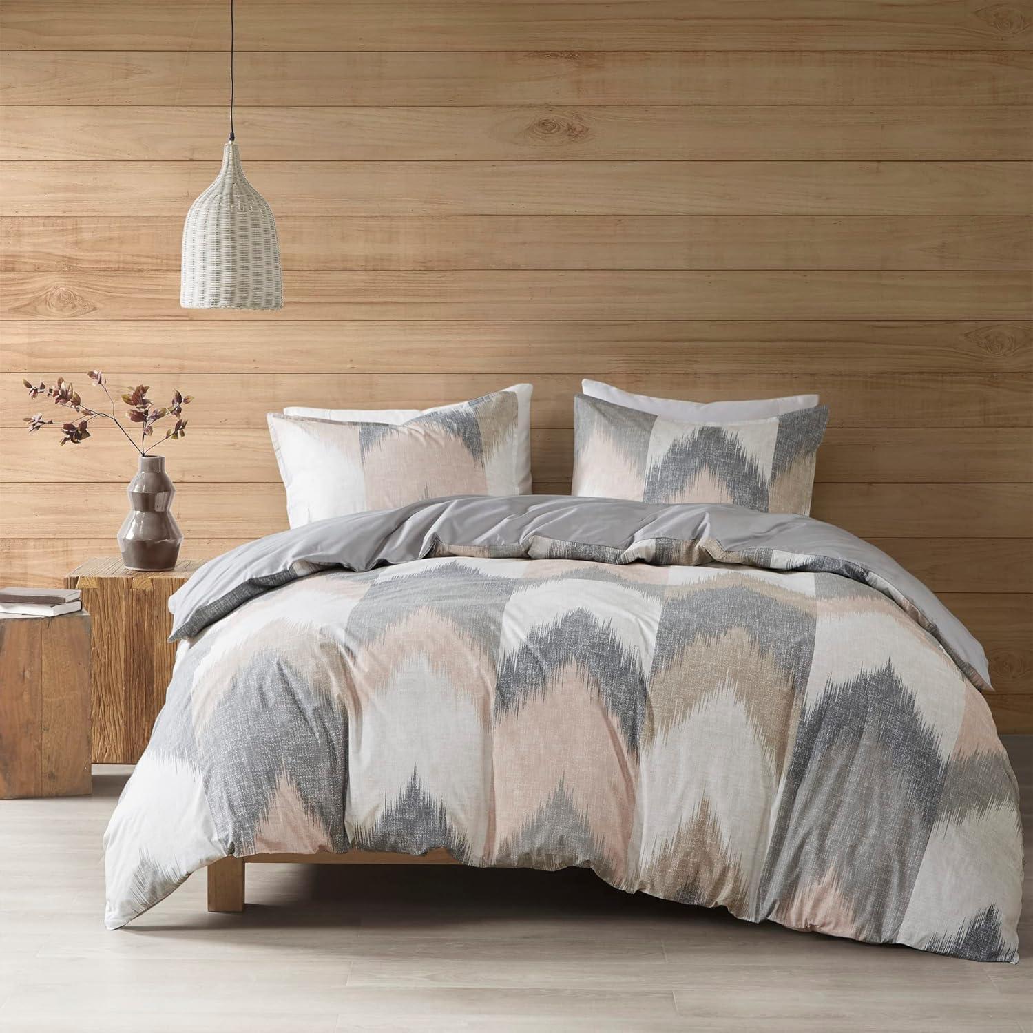 Blush and Gray Ikat Chevron Cotton King/Cal King Duvet Set