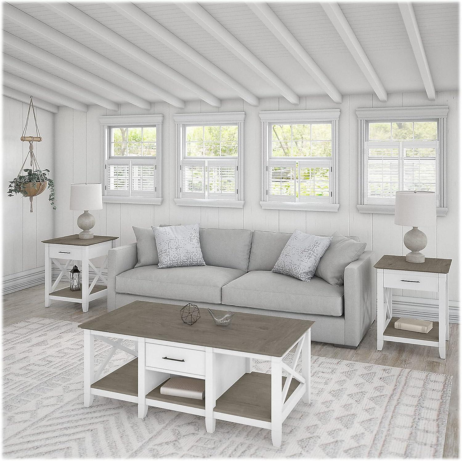 Bush Furniture Key West Coffee Table with Set of 2 End Tables in Pure White and Shiplap Gray