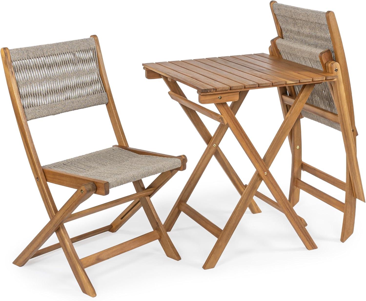 Javea Modern Coastal 3-Piece Acacia Wood Outdoor Folding Bistro Set, Beige/Teak Brown - JONATHAN Y