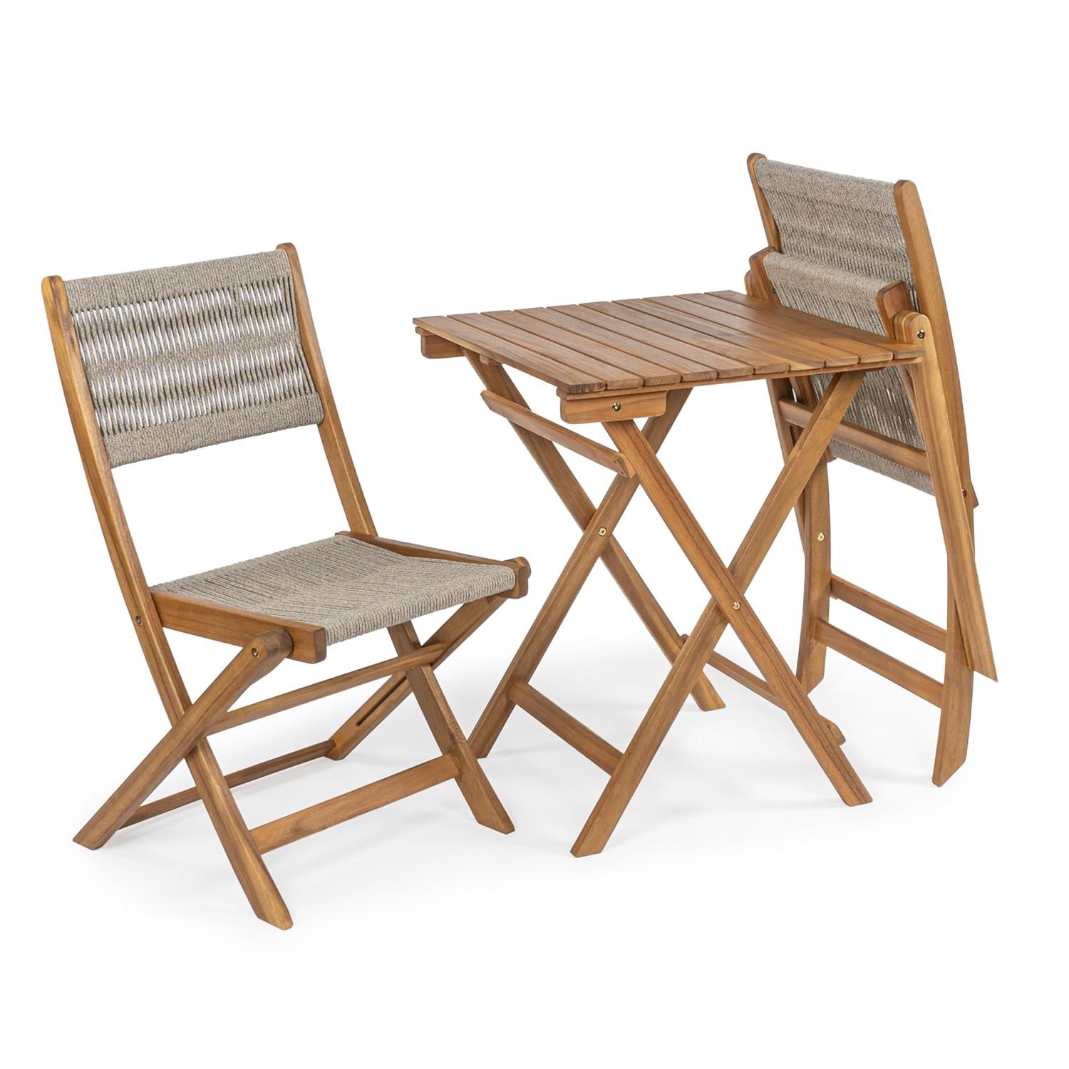 Javea Modern Coastal 3-Piece Acacia Wood Outdoor Folding Bistro Set, Beige/Teak Brown - JONATHAN Y