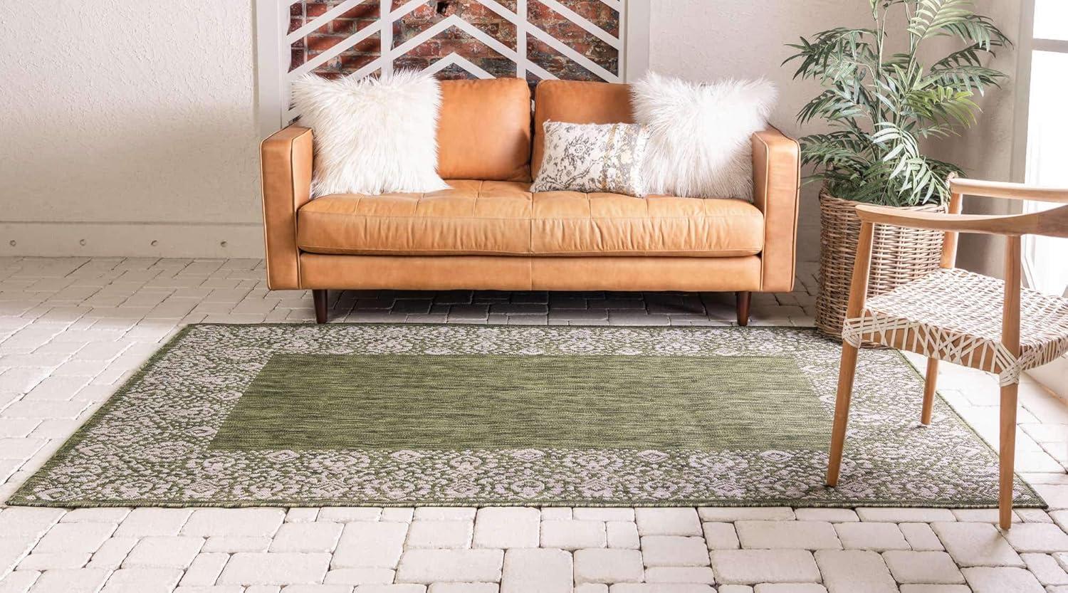 Unique Loom Outdoor Border Collection Area Rug - Floral Border (9' x 12' Rectangle Green/Ivory)