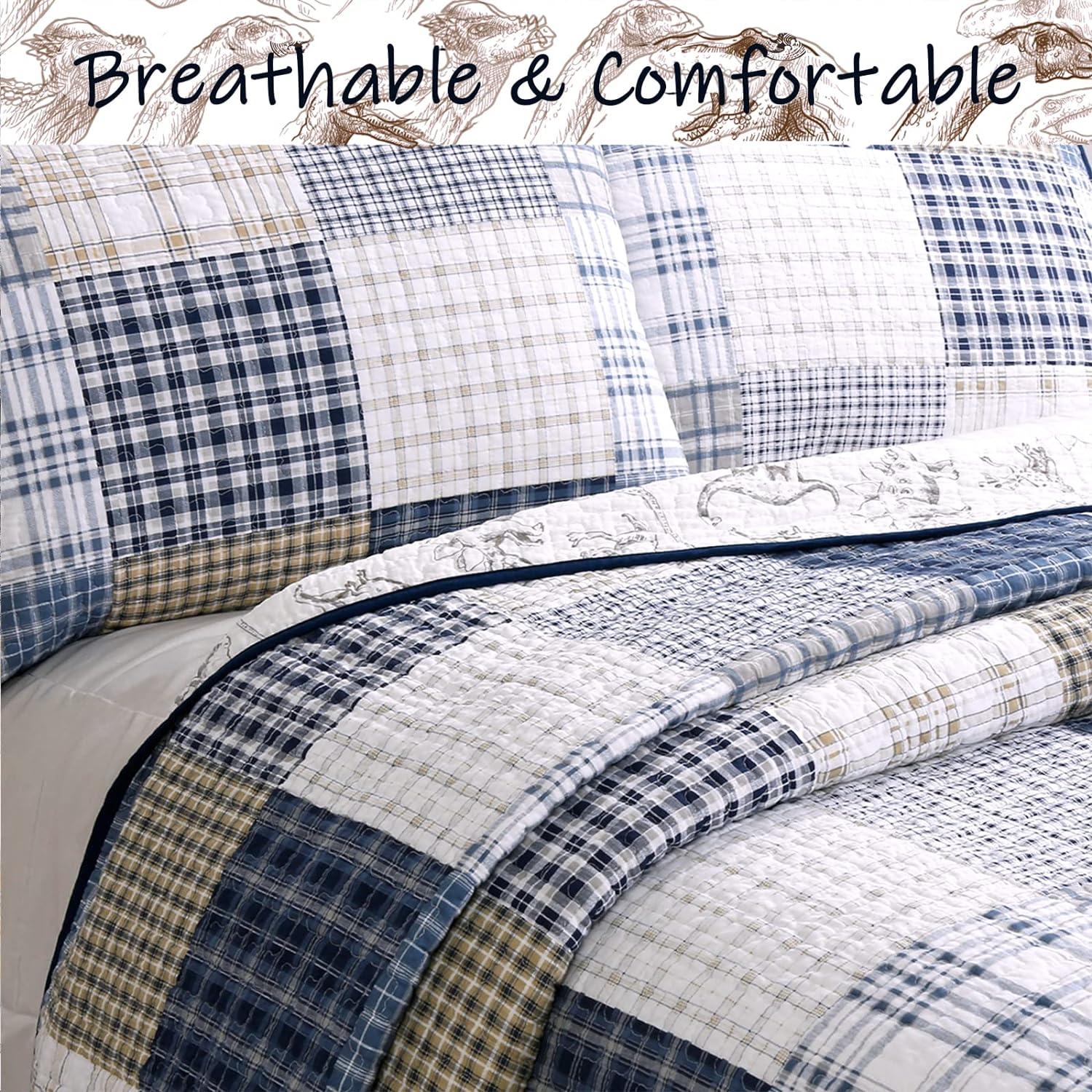 Cozy Line Benjamin Cute Dinosaur Navy Blue White Grey Plaid cotton Quilt, Twin - Reversible