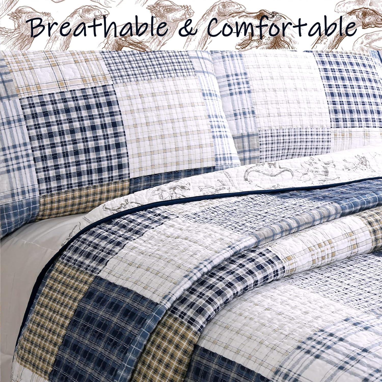 Cozy Line Benjamin Cute Dinosaur Navy Blue White Grey Plaid cotton Quilt, Twin - Reversible