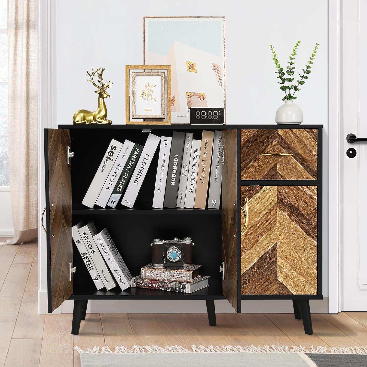 Accent Cabinet, Black Storage Cabinet with Doors Mid Century Modern Sideboard Buffet Cabinet with Storage Shelves Small Wood Accent Cabinets for Living Room Entryway Office, Brown Herringbone