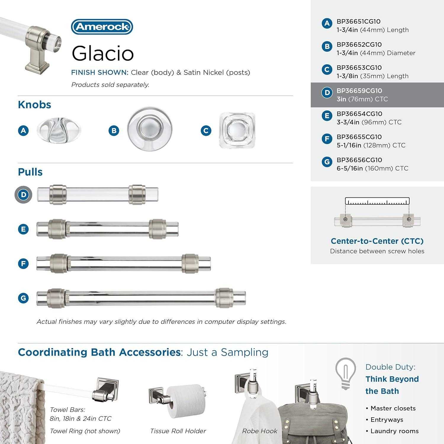 Amerock Glacio 3 inch (76mm) Center-to-Center Clear/Satin Nickel Cabinet Pull