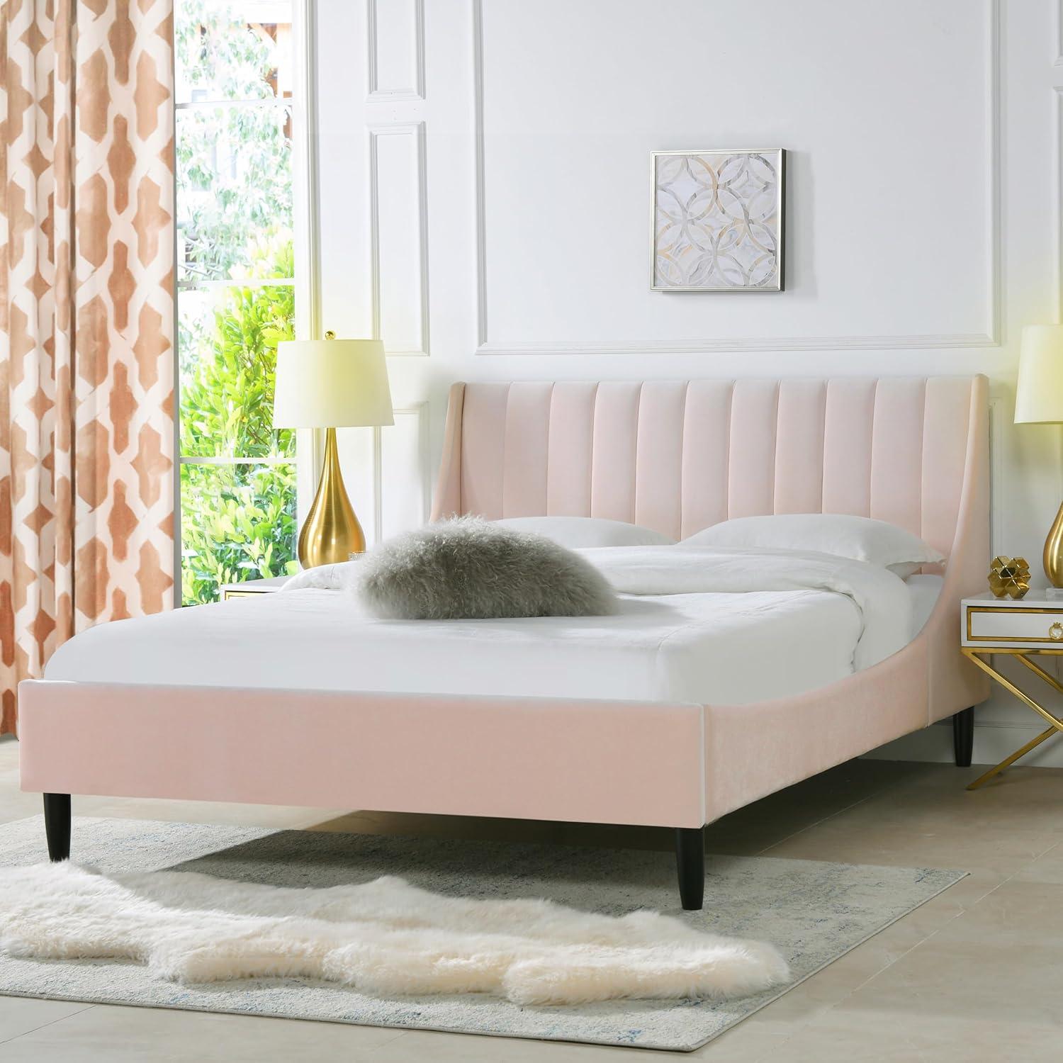 Sandy Wilson Home Aspen Upholstered Platform Bed Queen Light Blush Pink