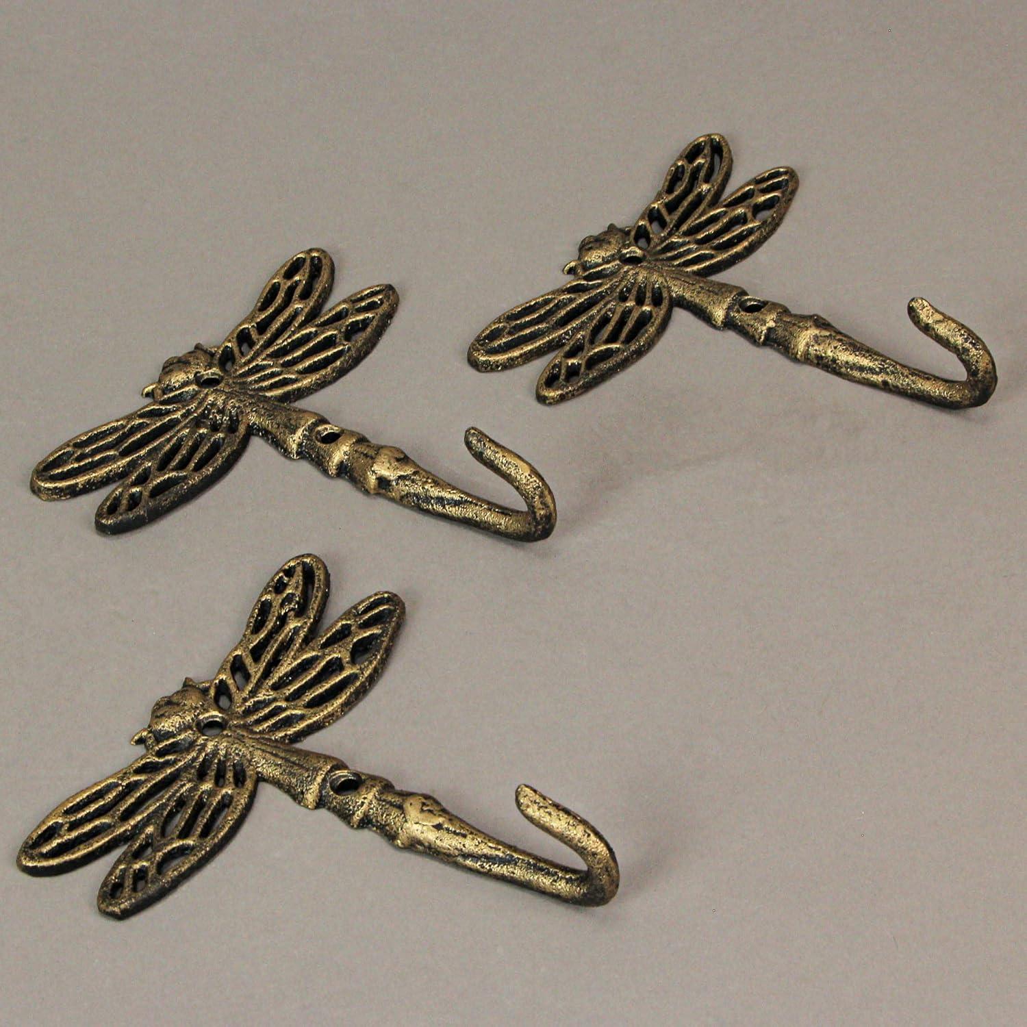 Zeckos Gold Cast Iron Dragonfly Wall Hook 5 inch Home Decor Set of 3